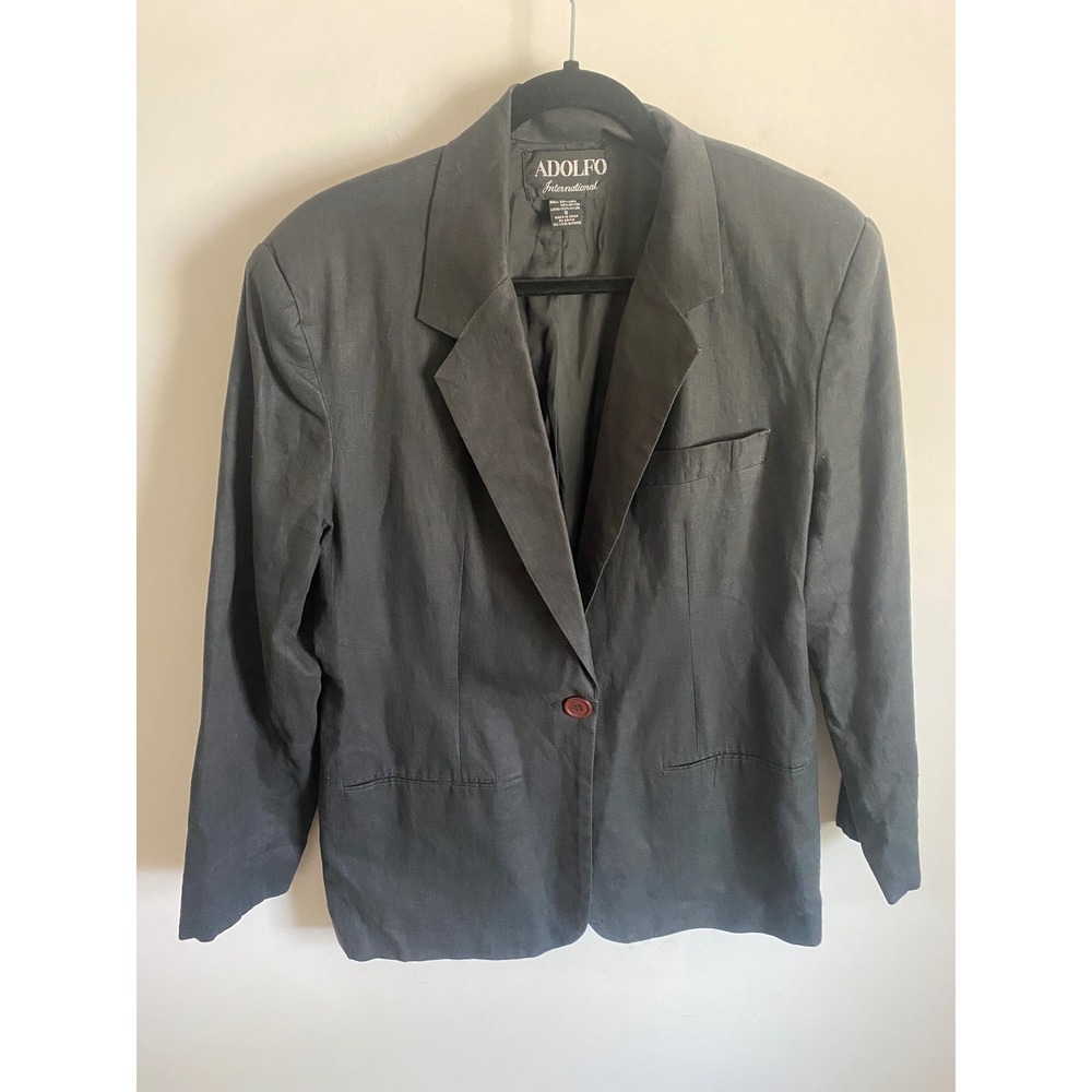 Adolfo International Women Black Linen Cotton Single Button Blazer Jacket Size 8